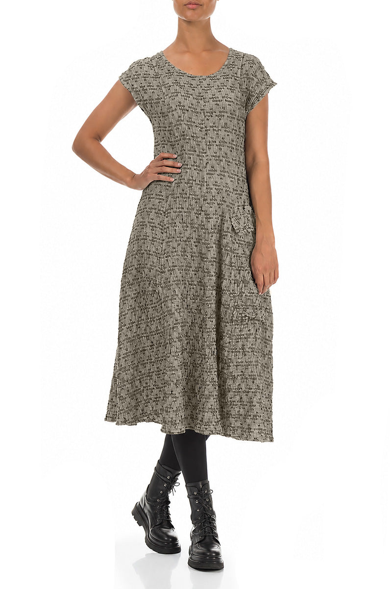 Side Pocket Geometric Texture Olive Grey Linen Dress