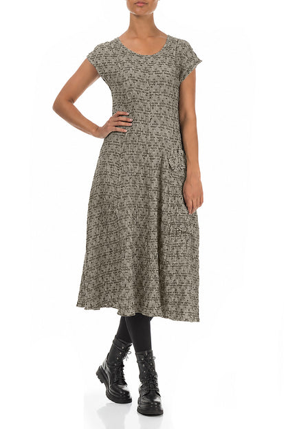 Side Pocket Geometric Texture Olive Grey Linen Dress