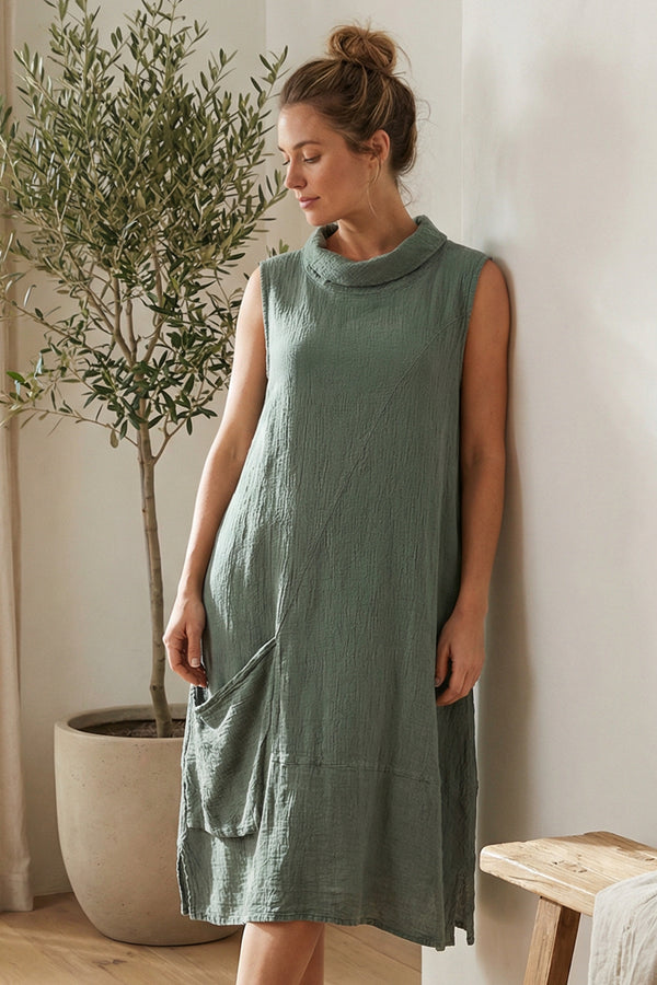 Side Pocket Sage Linen Viscose Dress 1
