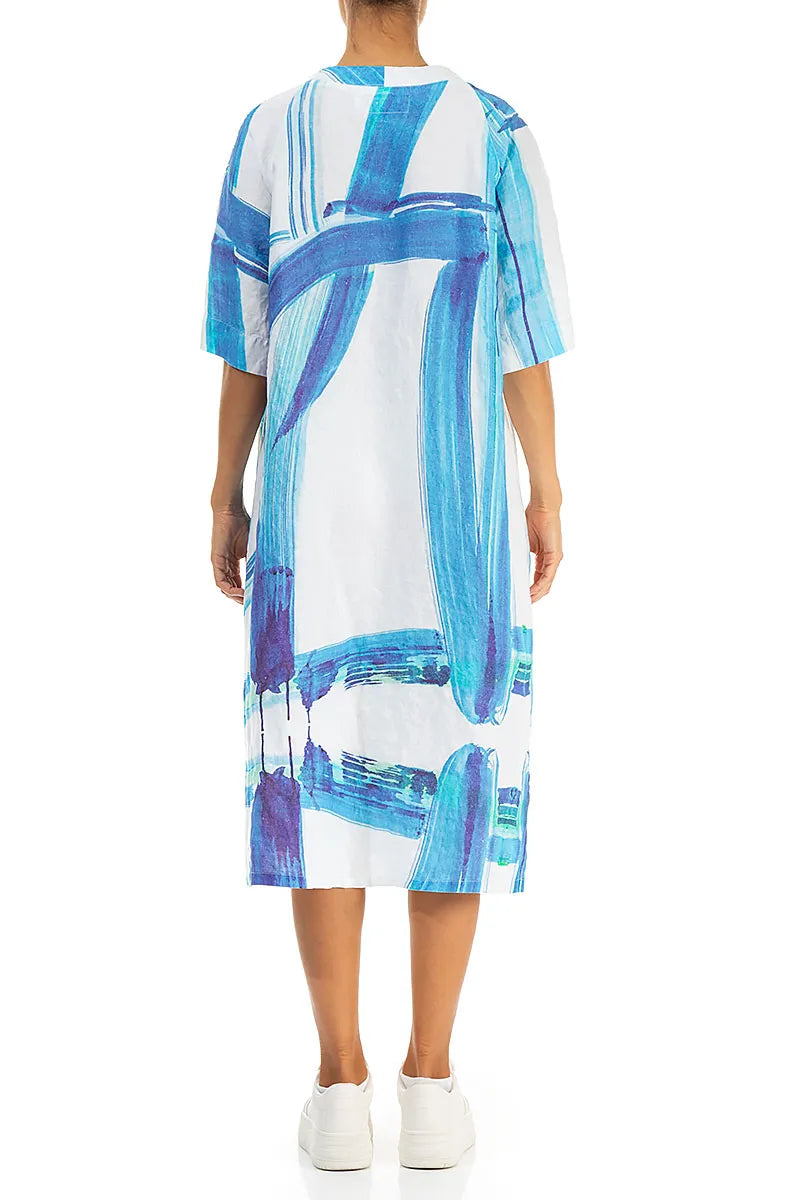 Side Pocket V-Neck Blue Brushstroke Linen Dress 2