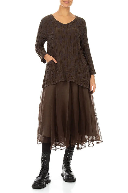 Side Pockets Truffle Brown Circle Silk Linen Blouse
