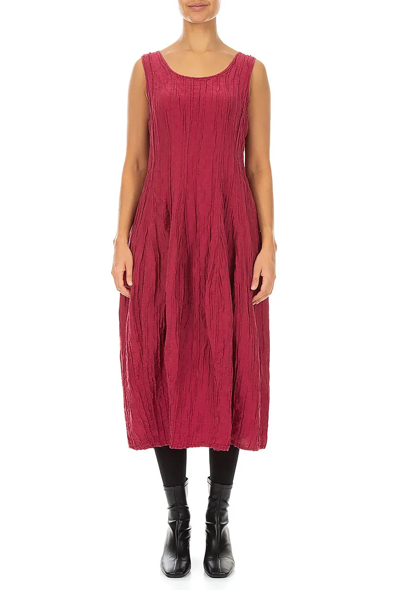 Sleeveless Balloon Crinkled Ruby Silk Linen Dress