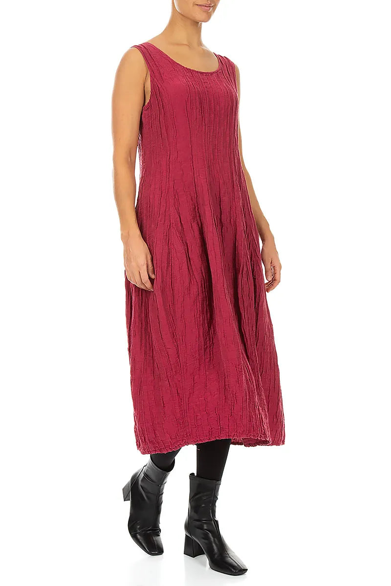 Sleeveless Balloon Crinkled Ruby Silk Linen Dress
