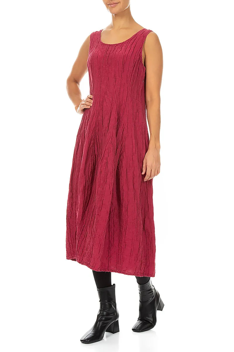 Sleeveless Balloon Crinkled Ruby Silk Linen Dress