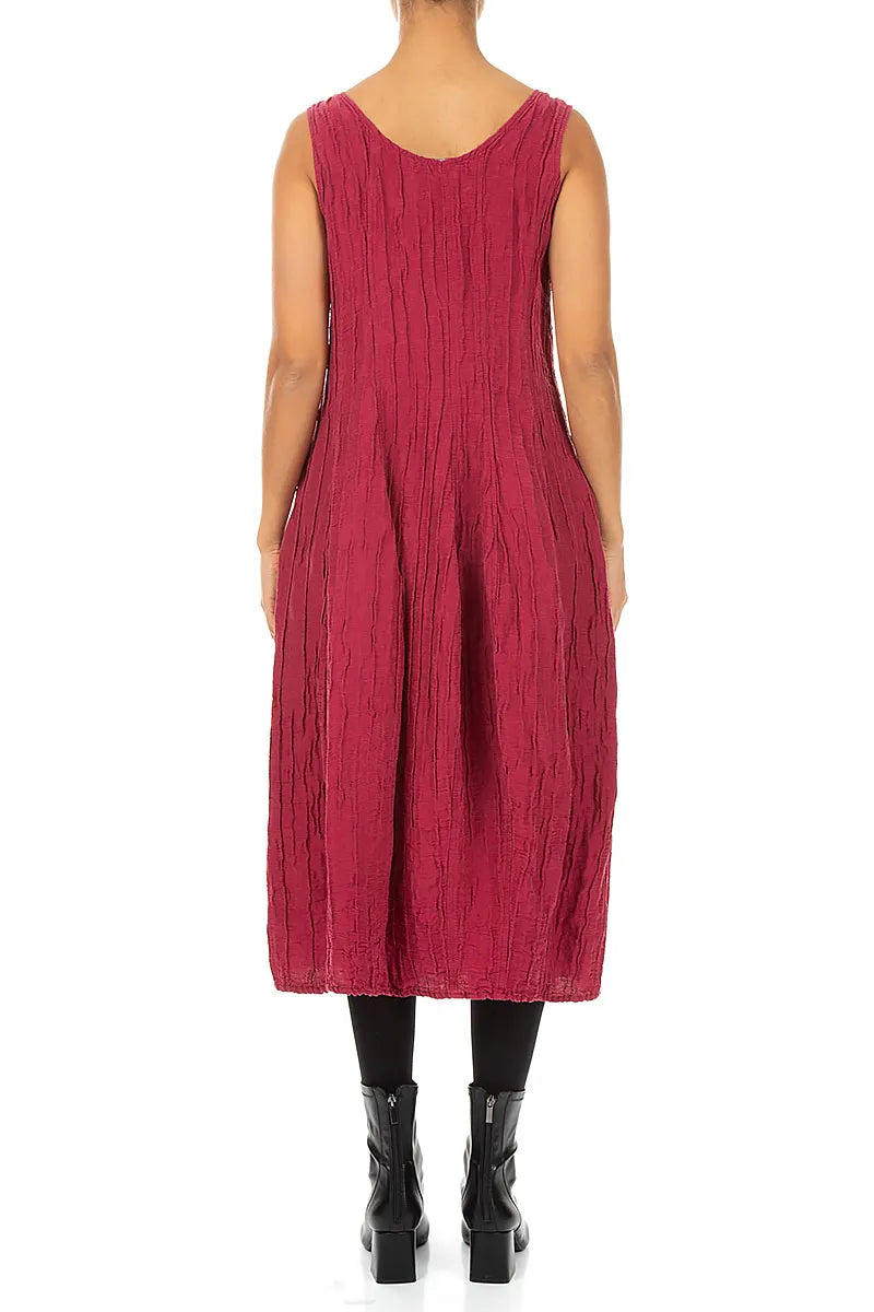 Sleeveless Balloon Crinkled Ruby Silk Linen Dress