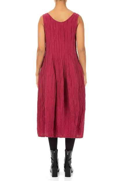 Sleeveless Balloon Crinkled Ruby Silk Linen Dress