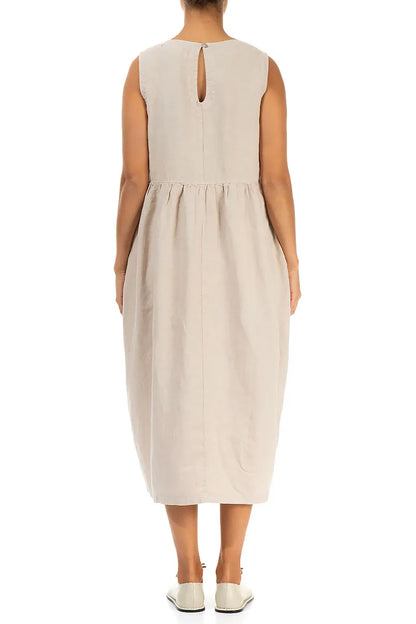 Sleeveless Beige Pintuck Linen Dress 2