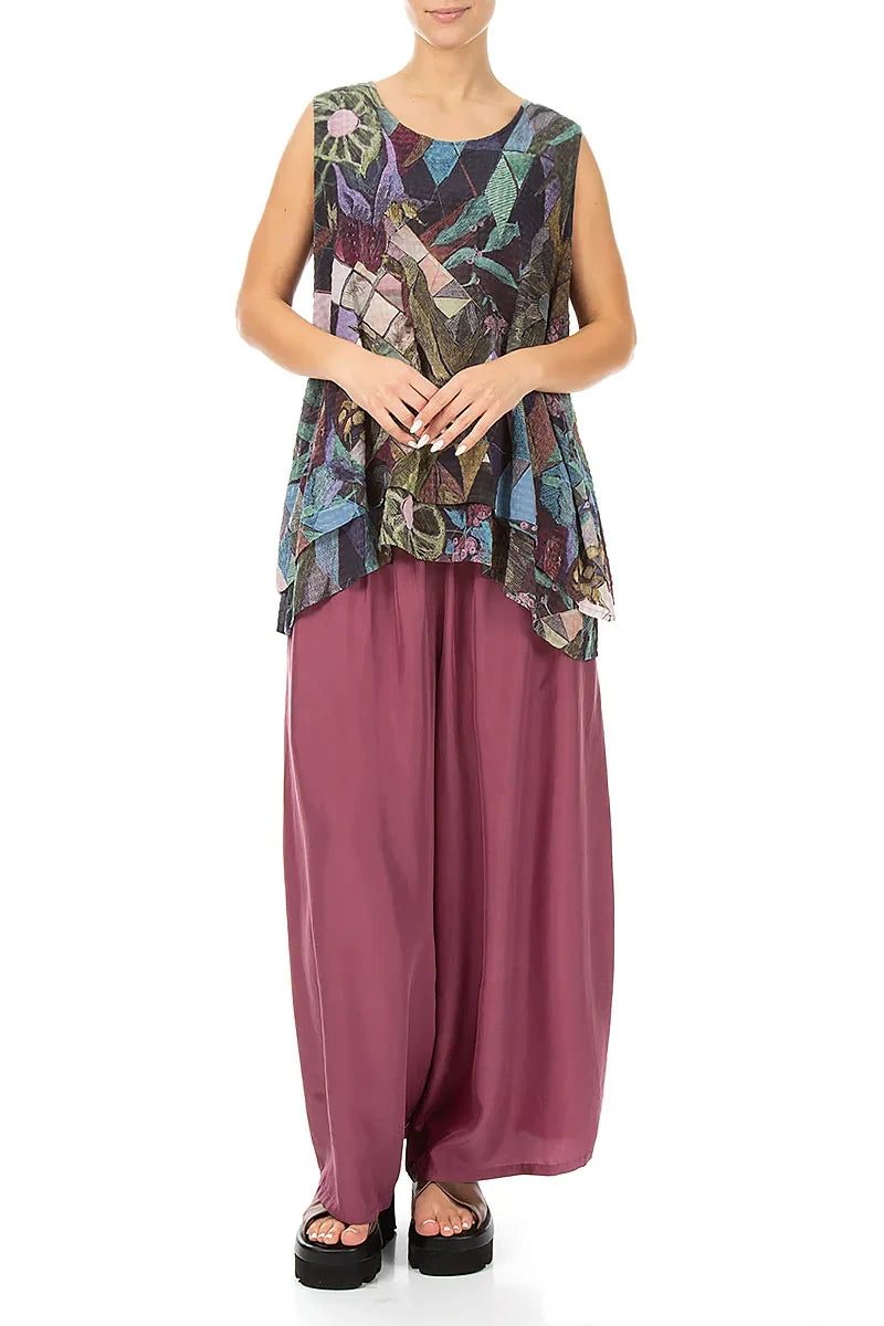 Sleeveless Layered Art Mosaic Textured Silk Blouse 4