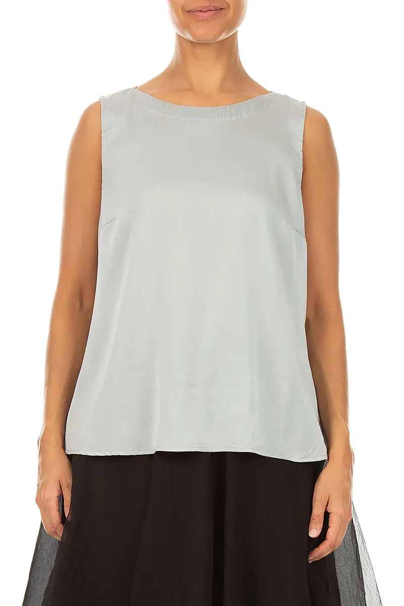 Sleeveless Longer Back Olive Grey Silk Top 1