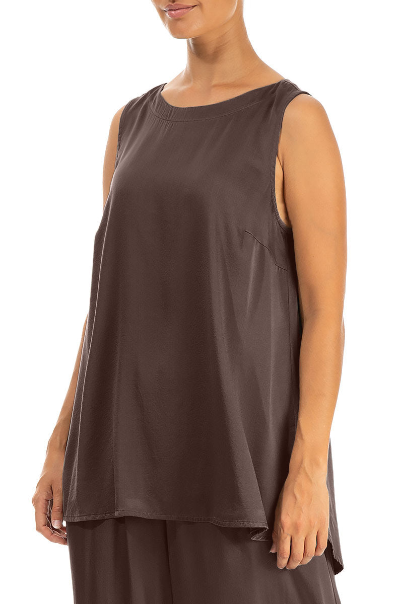 Sleeveless Truffle Brown Silk Top