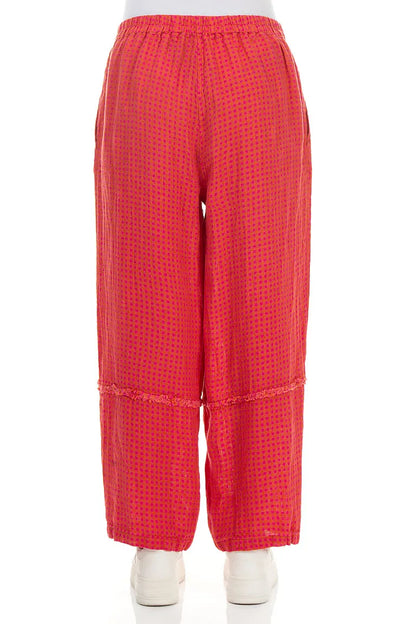Straight Back Seam Pink Orange Check Linen Trousers 2