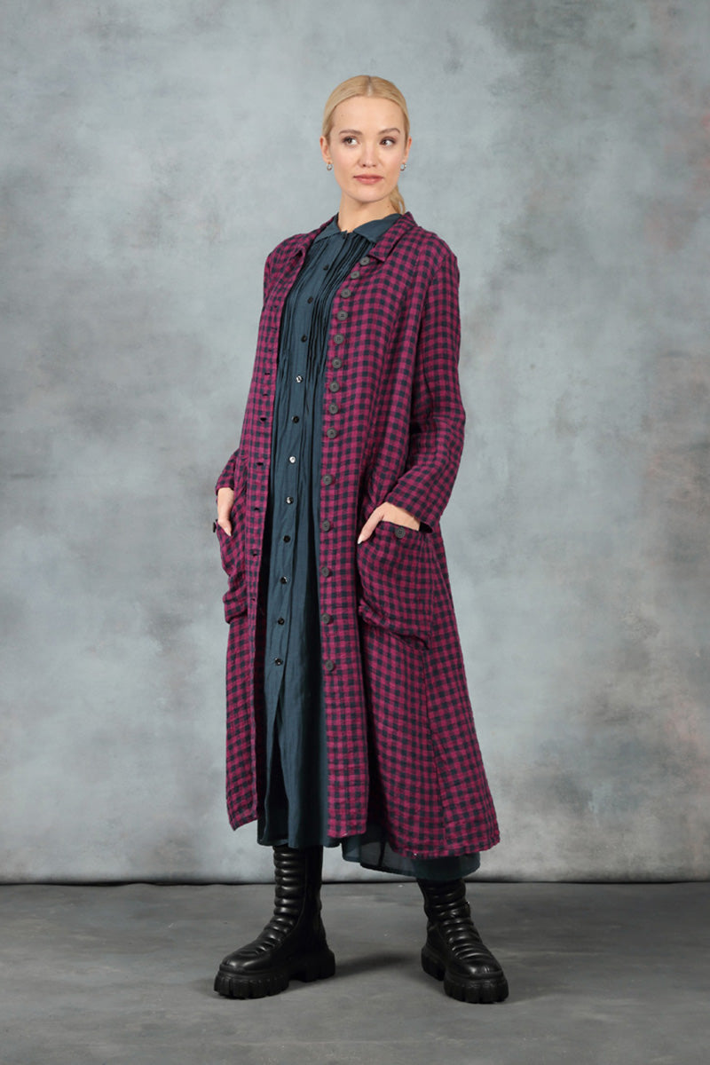 Long Buttonline Magenta Check Linen Jacket 7