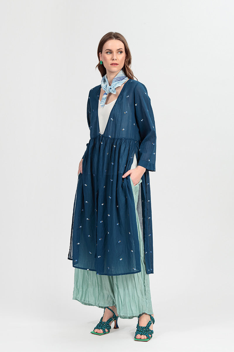 Tie Front Navy Embroidered Petals Cotton Jacket 8