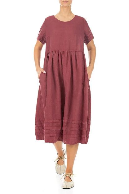 Tucks Decorated Antique Ruby Linen Dress 5