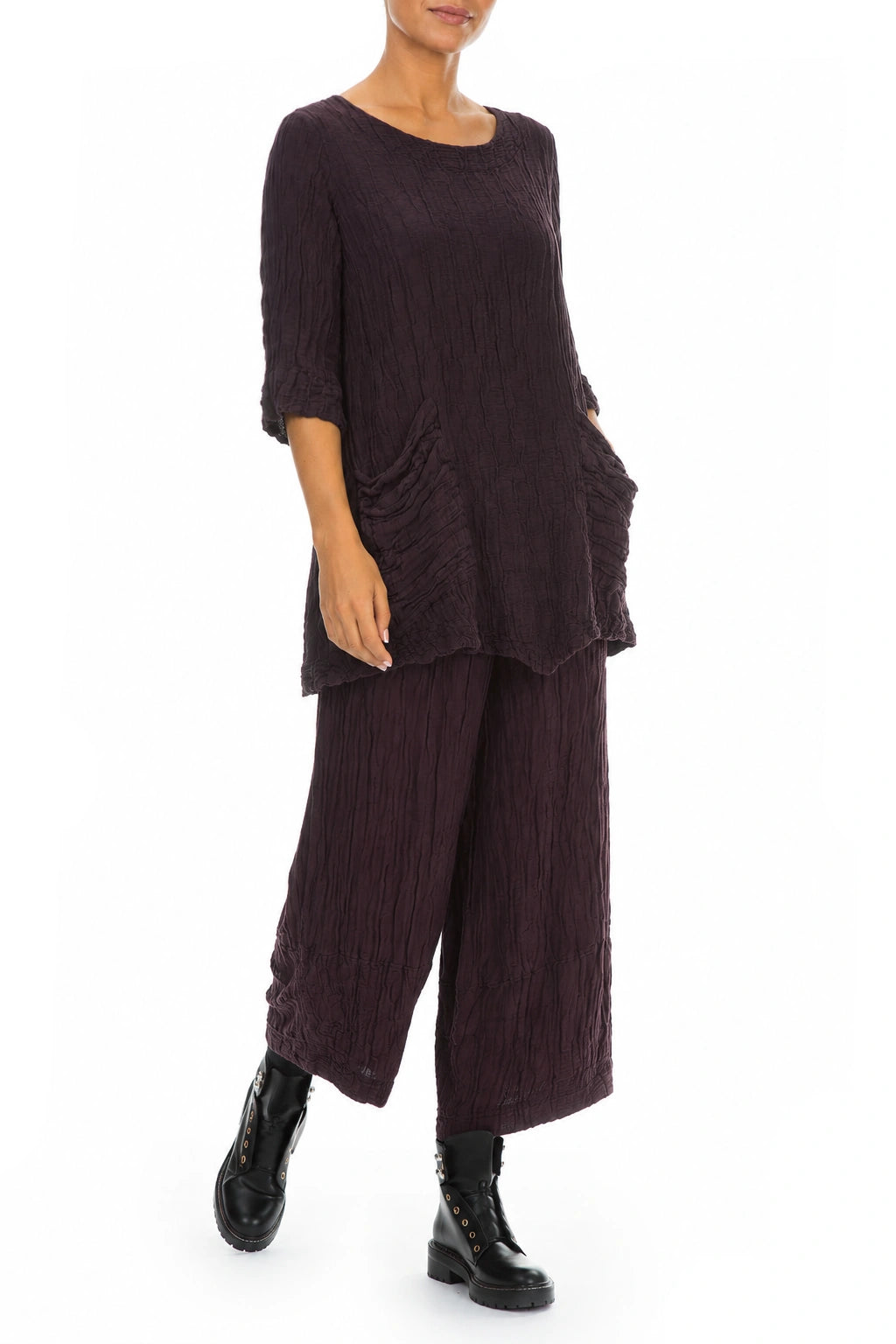 Two Pockets Crinkled Deep Plum Silk Linen Tunic