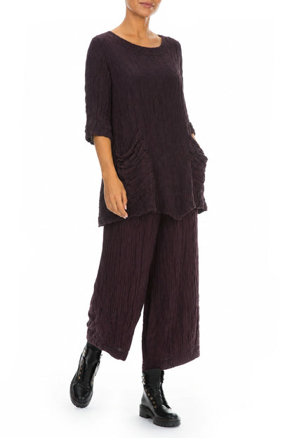 Two Pockets Crinkled Deep Plum Silk Linen Tunic