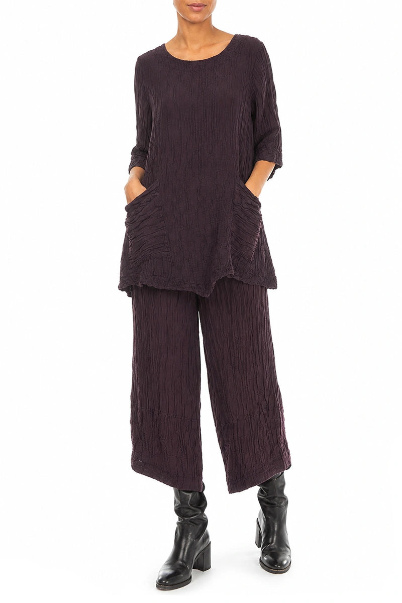 Two Pockets Crinkled Deep Plum Silk Linen Tunic