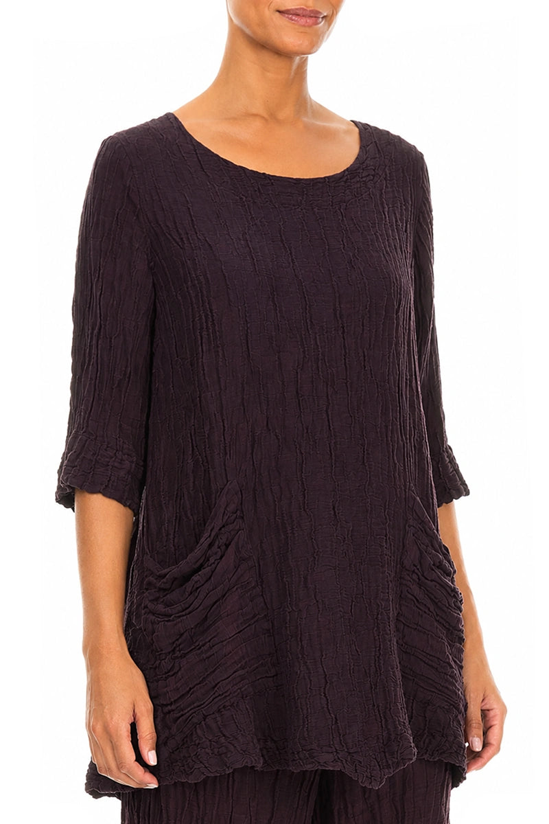 Two Pockets Crinkled Deep Plum Silk Linen Tunic