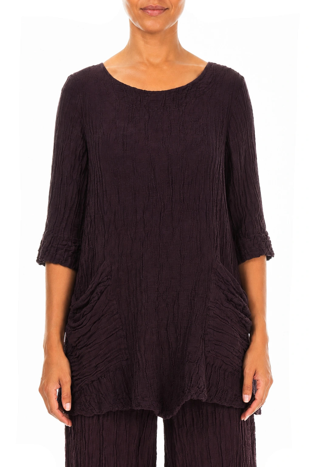 Two Pockets Crinkled Deep Plum Silk Linen Tunic 1
