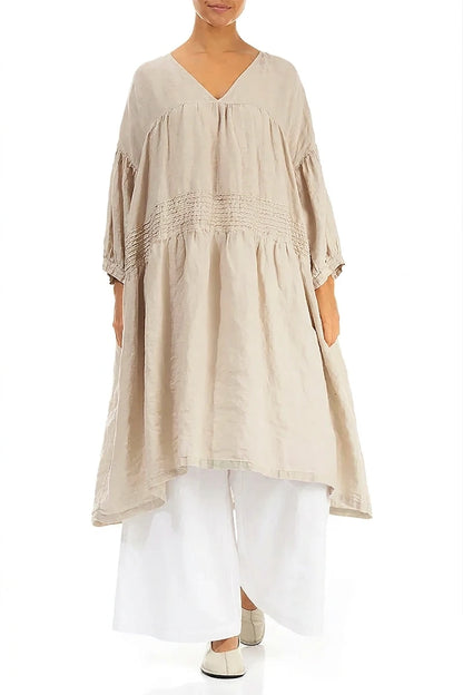 V-Neck Beige Pintuck Linen Dress 6