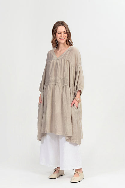 V-Neck Beige Pintuck Linen Dress 8