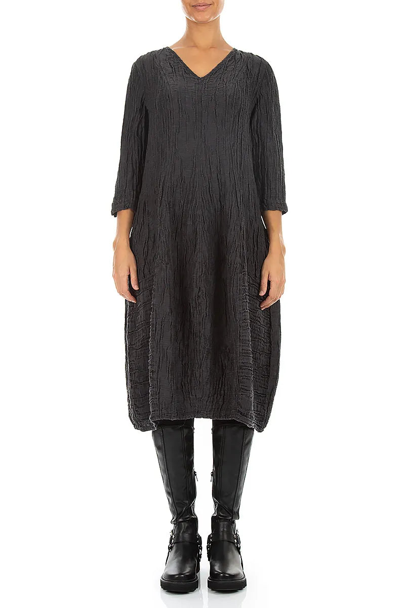 V-Neck Crinkled Charcoal Silk Linen Dress