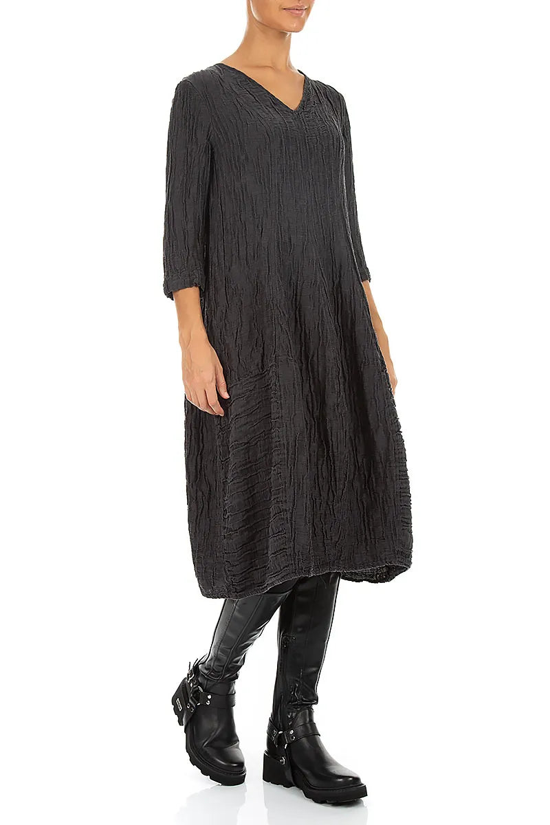 V-Neck Crinkled Charcoal Silk Linen Dress