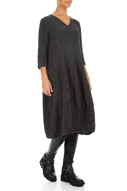 V-Neck Crinkled Charcoal Silk Linen Dress