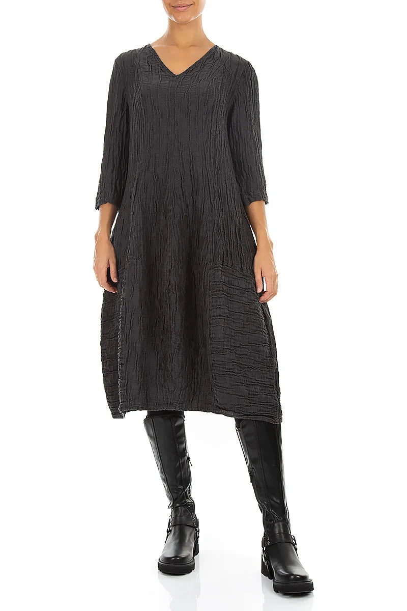 V-Neck Crinkled Charcoal Silk Linen Dress