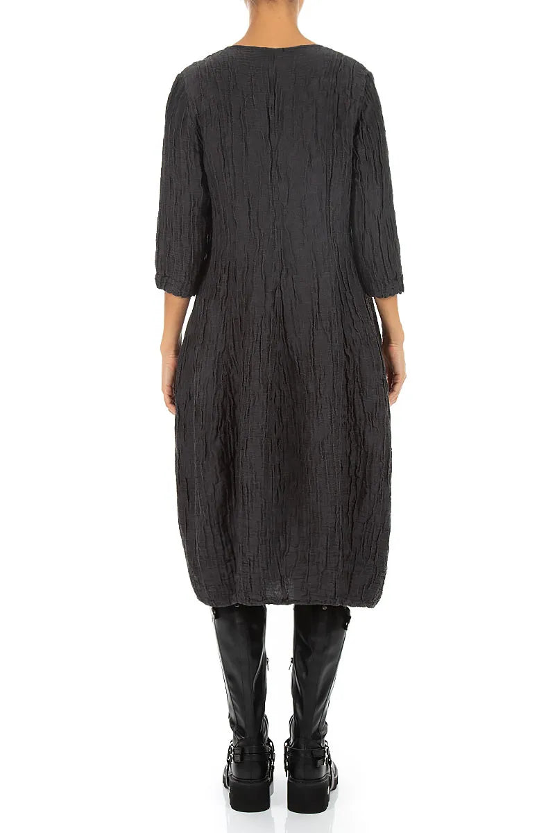 V-Neck Crinkled Charcoal Silk Linen Dress