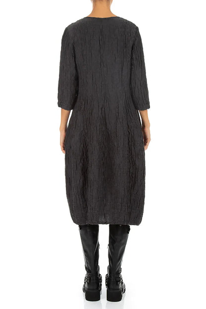 V-Neck Crinkled Charcoal Silk Linen Dress