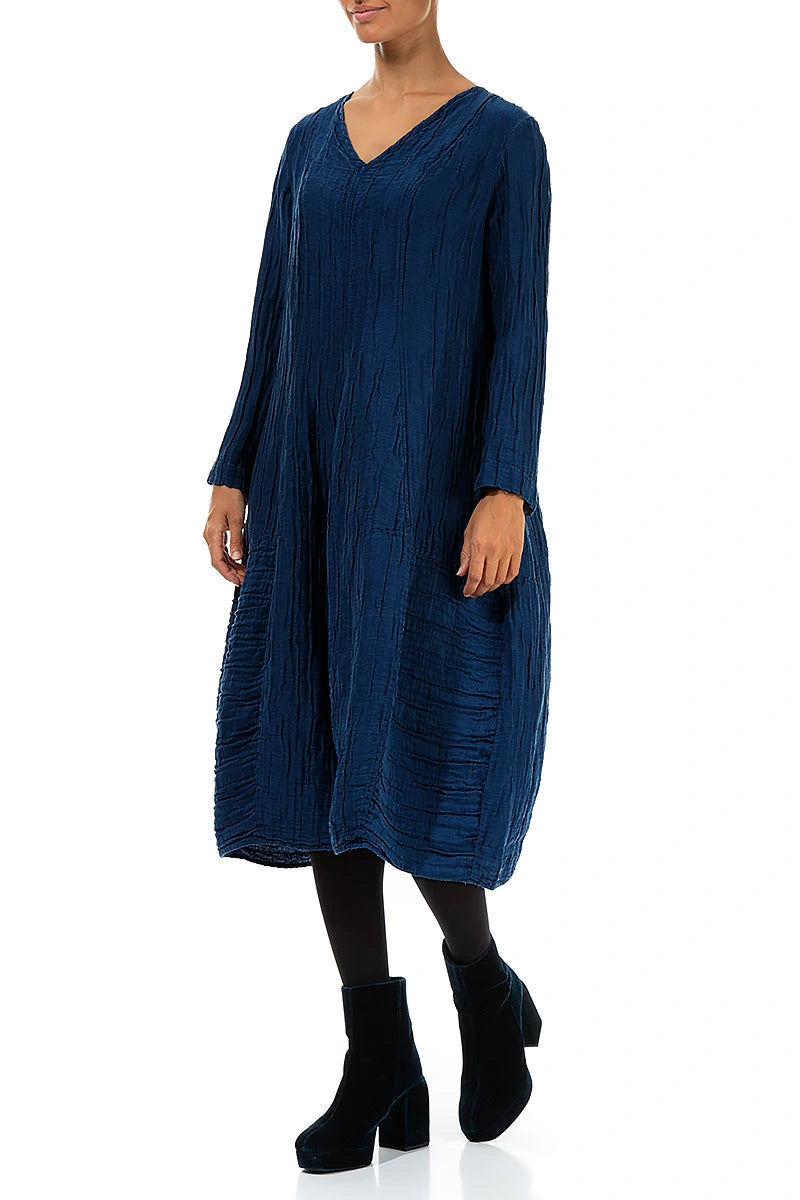 Long Sleeves V-Neck Crinkled Royal Blue Silk Dress 3