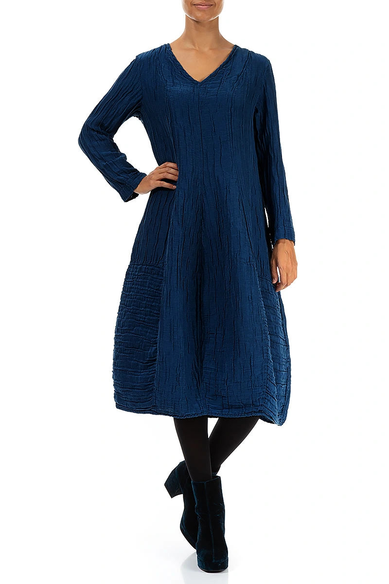Long Sleeves V-Neck Crinkled Royal Blue Silk Dress 4