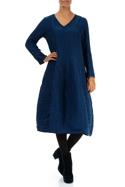 Long Sleeves V-Neck Crinkled Royal Blue Silk Dress 4