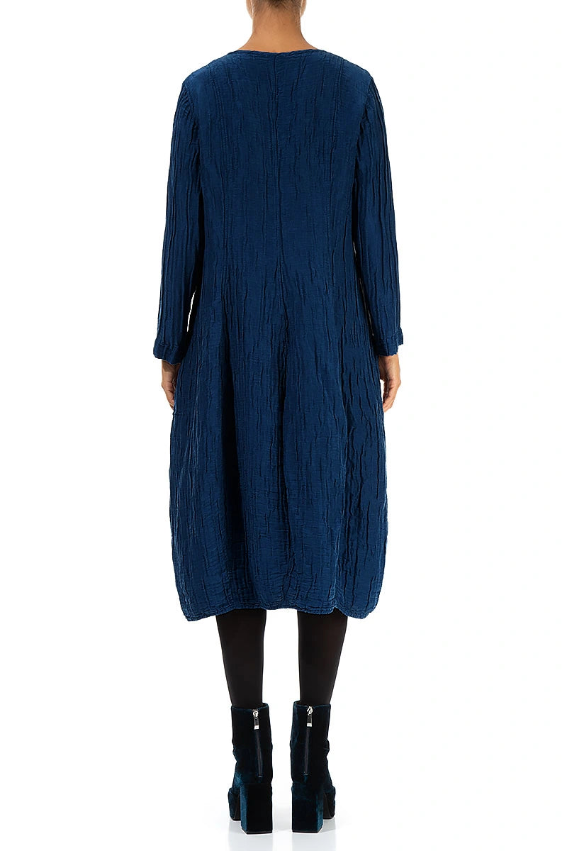 Long Sleeves V-Neck Crinkled Royal Blue Silk Dress 2