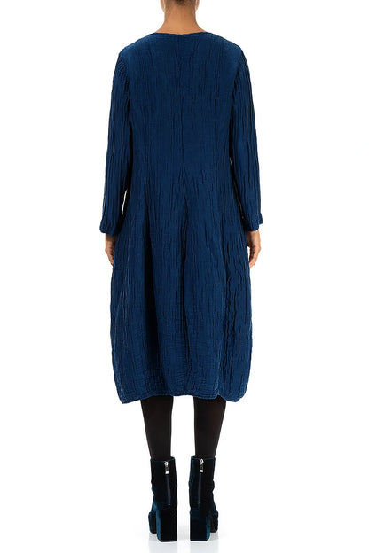 Long Sleeves V-Neck Crinkled Royal Blue Silk Dress 2