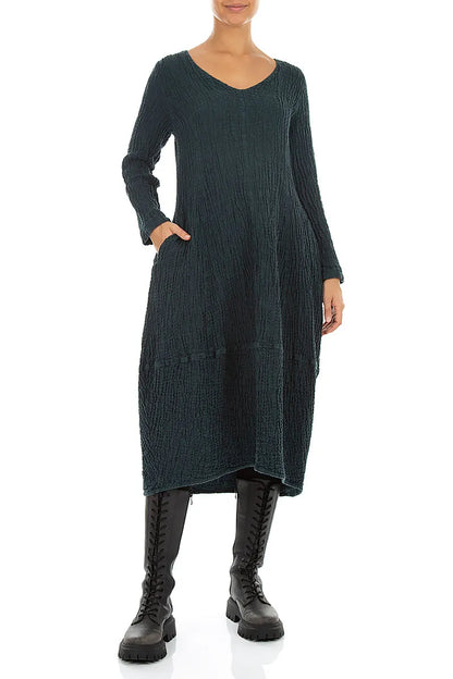 V-Neck Deep Turquoise Textured Linen Dress 4