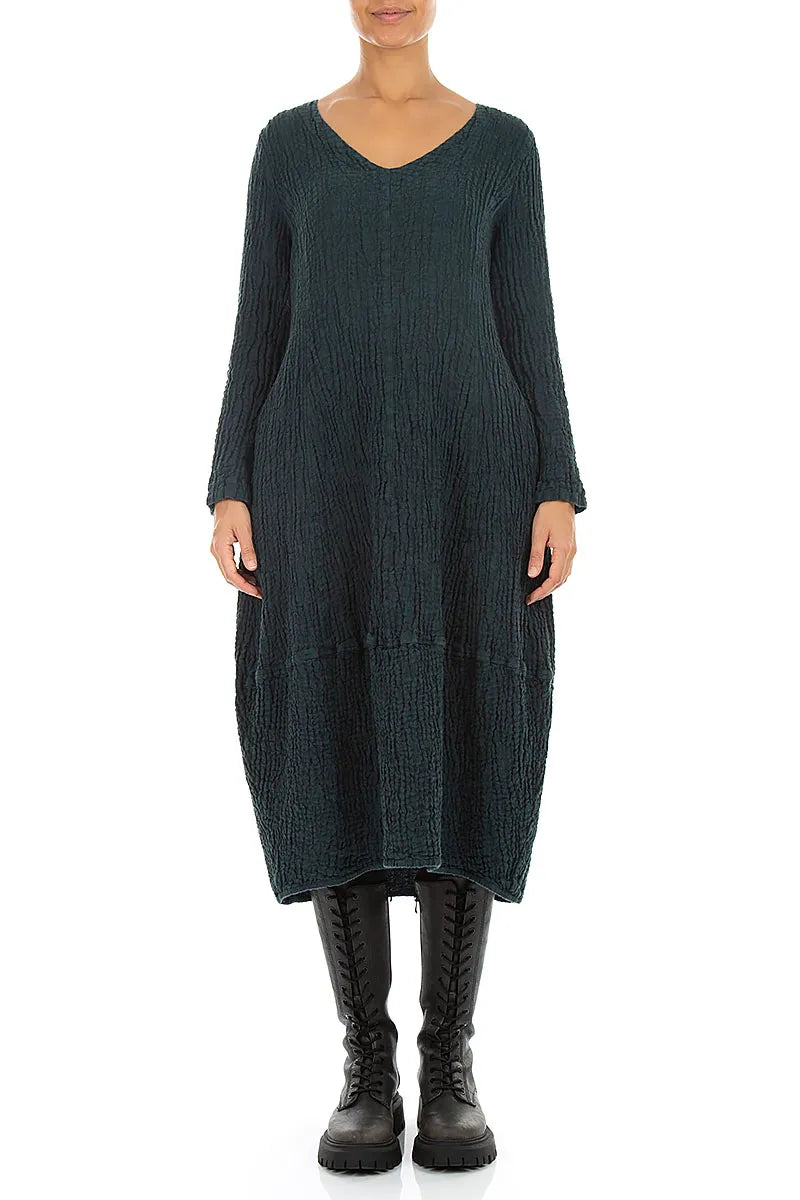 V-Neck Deep Turquoise Textured Linen Dress 1