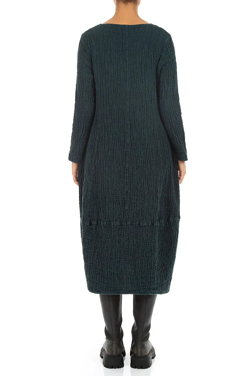 V-Neck Deep Turquoise Textured Linen Dress 2
