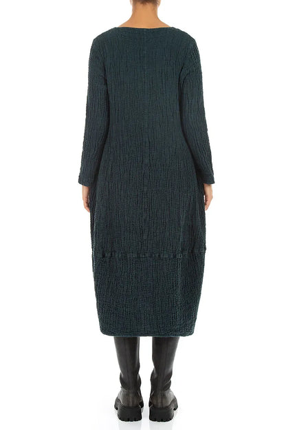 V-Neck Deep Turquoise Textured Linen Dress 2