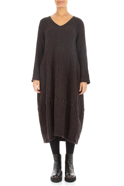 V-Neck Truffle Brown Textured Linen Dress 1