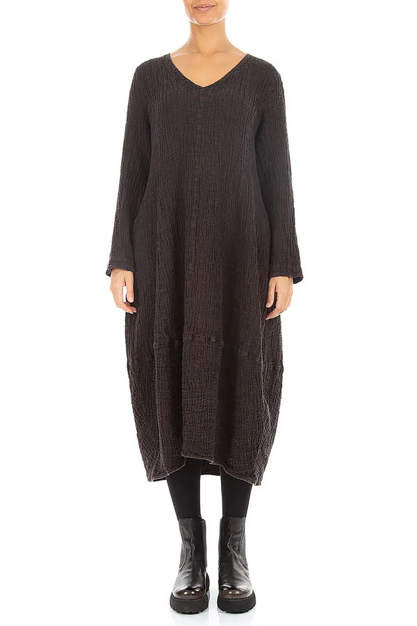 V-Neck Truffle Brown Textured Linen Dress 1