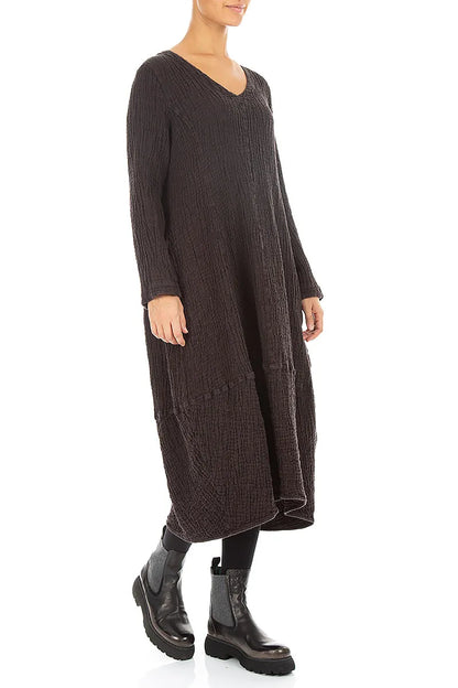 V-Neck Truffle Brown Textured Linen Dress 3