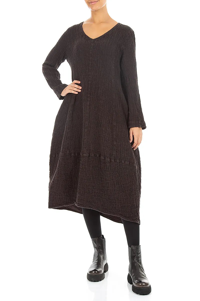 V-Neck Truffle Brown Textured Linen Dress 4