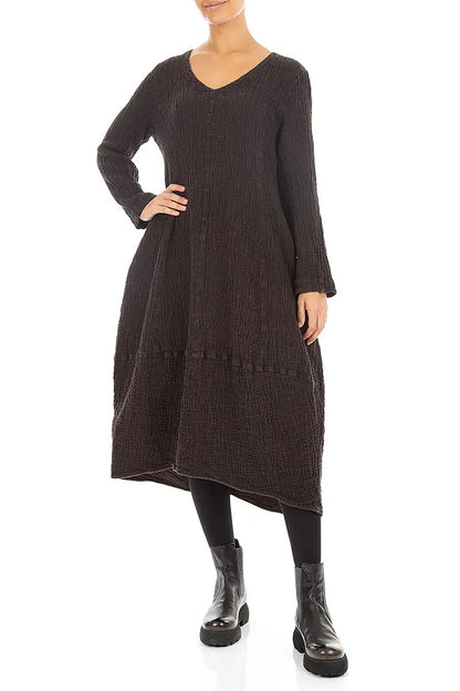 V-Neck Truffle Brown Textured Linen Dress 4