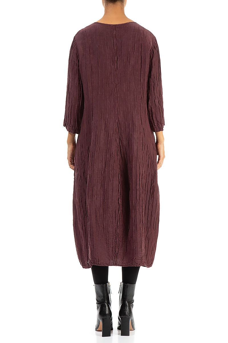 V-neck Crinkled Maroon Silk Linen Dress 2