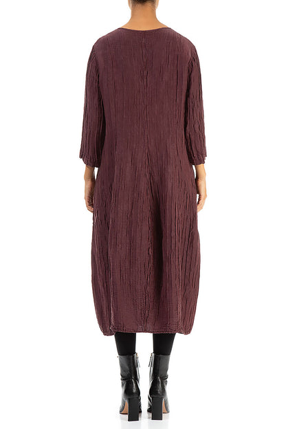 V-neck Crinkled Maroon Silk Linen Dress 2
