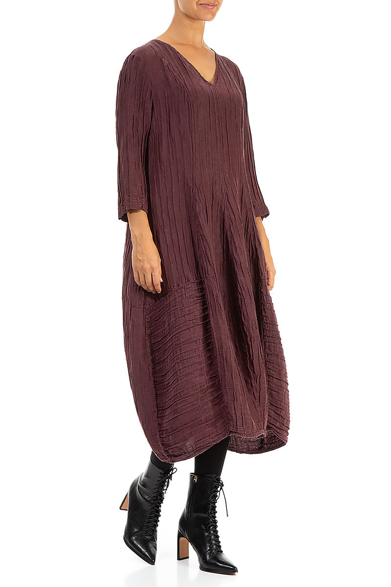 V-neck Crinkled Maroon Silk Linen Dress 3