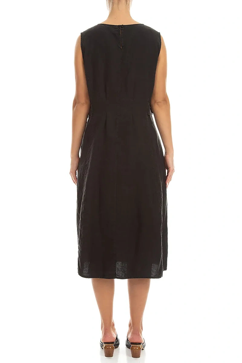 Waist Detail Sleeveless Black Linen Dress 2