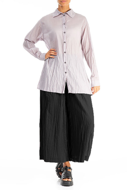 Wide Cropped Black Crumpled Cotton Trousers 4